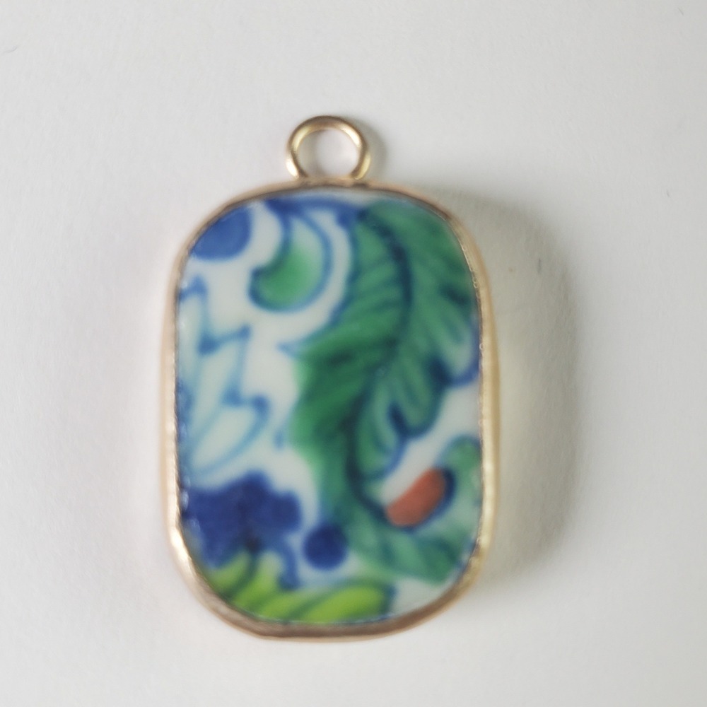 Vintage Porcelain Pottery Shard Charm Mini Pendant Blue Green Floral Paisley - Picture 2 of 10